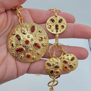 Jewelry Set Goldtone With Orange Crystals Necklace Bracelet & Earrings #1754